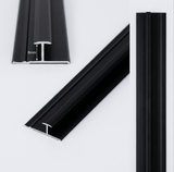 Black seamless connection H trim shown in profile and full-length views with an 8 mm channel height