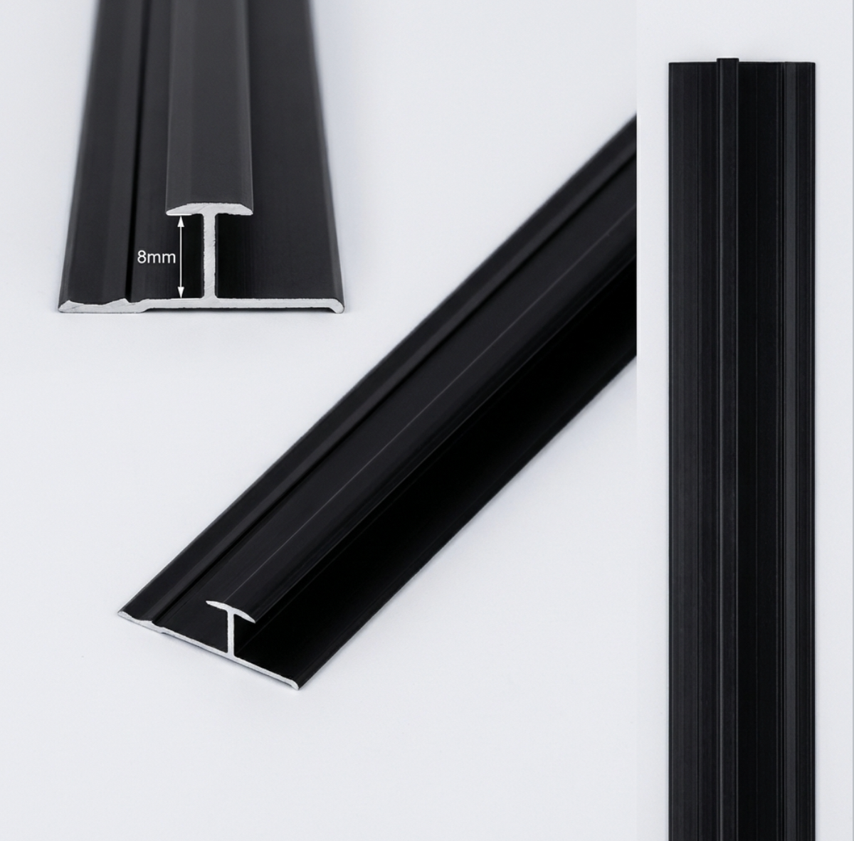 Black seamless connection H trim shown in profile and full-length views with an 8 mm channel height