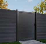 Black composite pedestrian gate set within matching horizontal privacy fencing