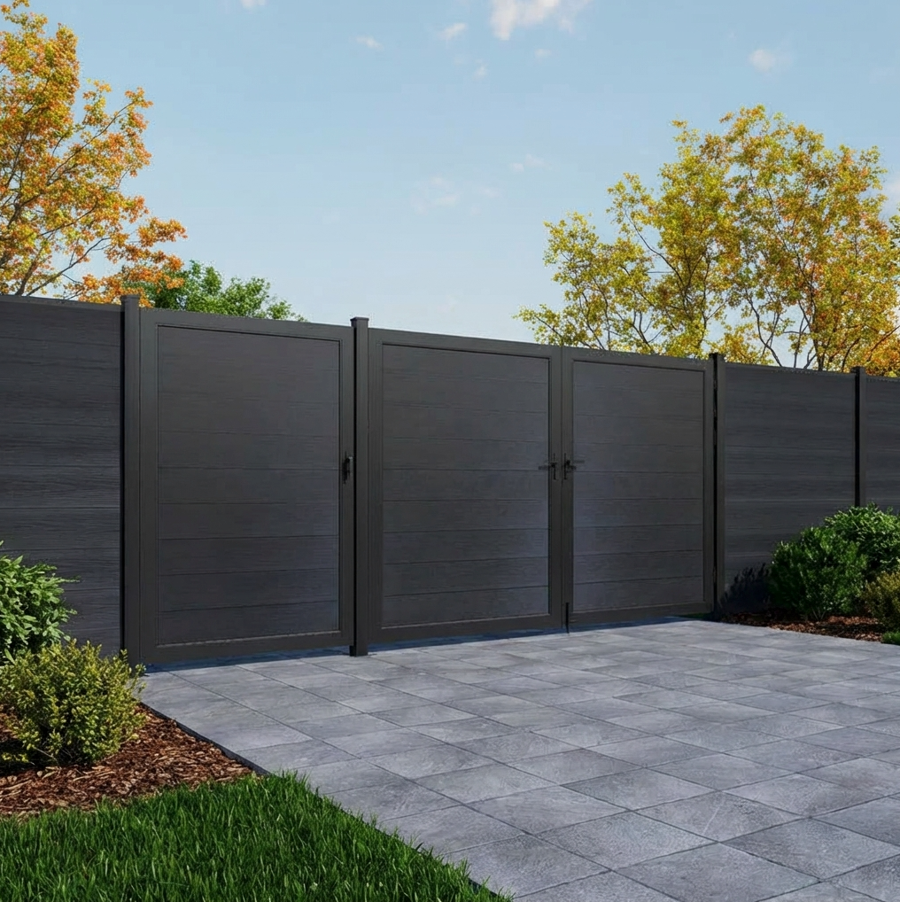 Black composite fence with adjoining pedestrian and double gates beside a paved driveway