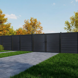 Black composite fence with single and double gates along a paved garden path