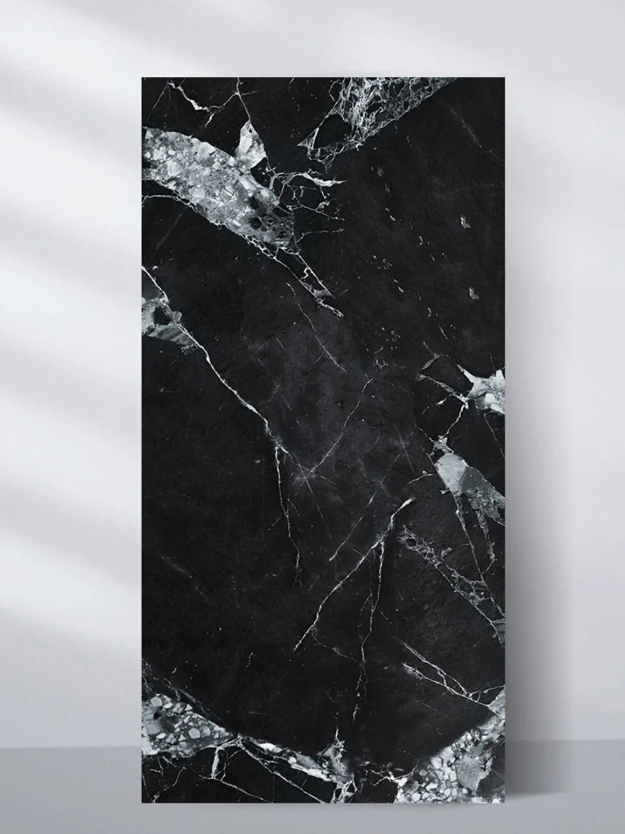 4 x 8 ft black marble-look PVC wall panel with dramatic white and gray veining