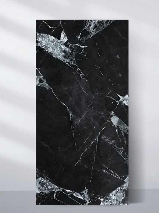 Black and white marble UV-protected PVC wall panel with bold white veining, shown as a 4 x 8 ft sheet