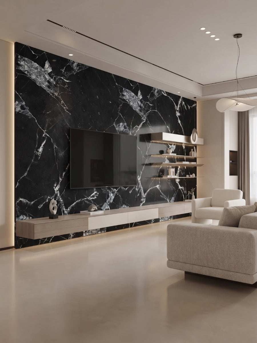 Black and white marble-look PVC wall panels installed as a TV accent wall in a modern living room