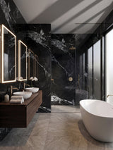 Black and white marble-look PVC wall panels surrounding a modern bathroom vanity, shower, and freestanding tub