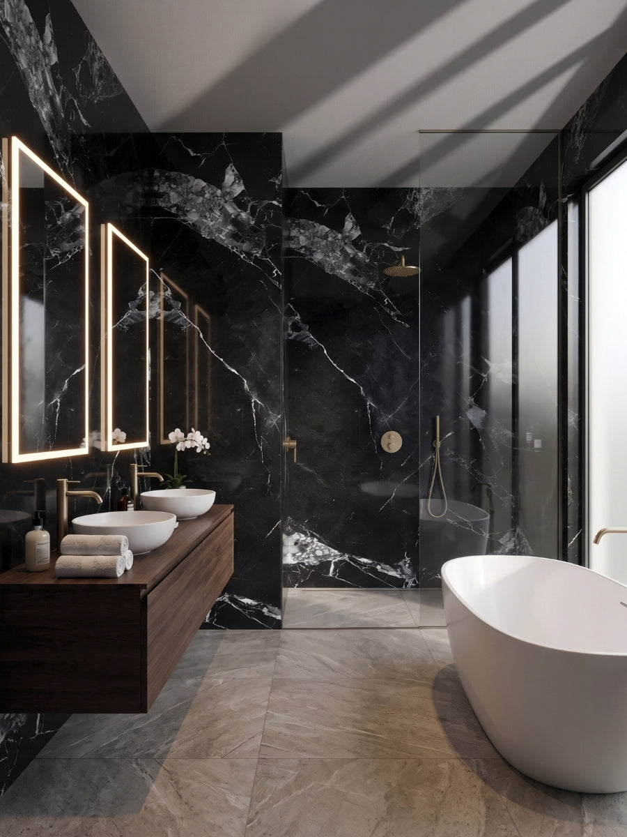 Black and white marble-look PVC wall panels surrounding a modern bathroom vanity, shower, and freestanding tub