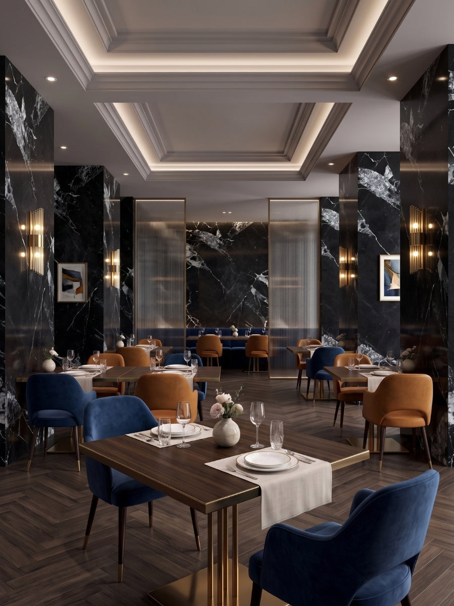 Black and white marble-look PVC wall panels covering columns and accent walls in an elegant restaurant dining room