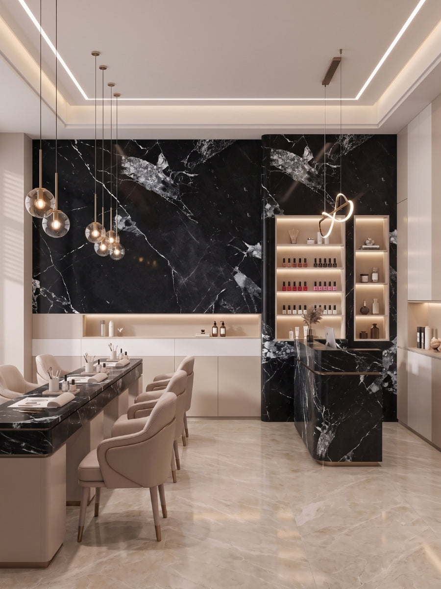 Black and white marble-look PVC wall panels used on the accent wall and counters of a modern salon