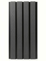 Gray and black composite wide exterior cladding panel with four vertical wood-grain slats