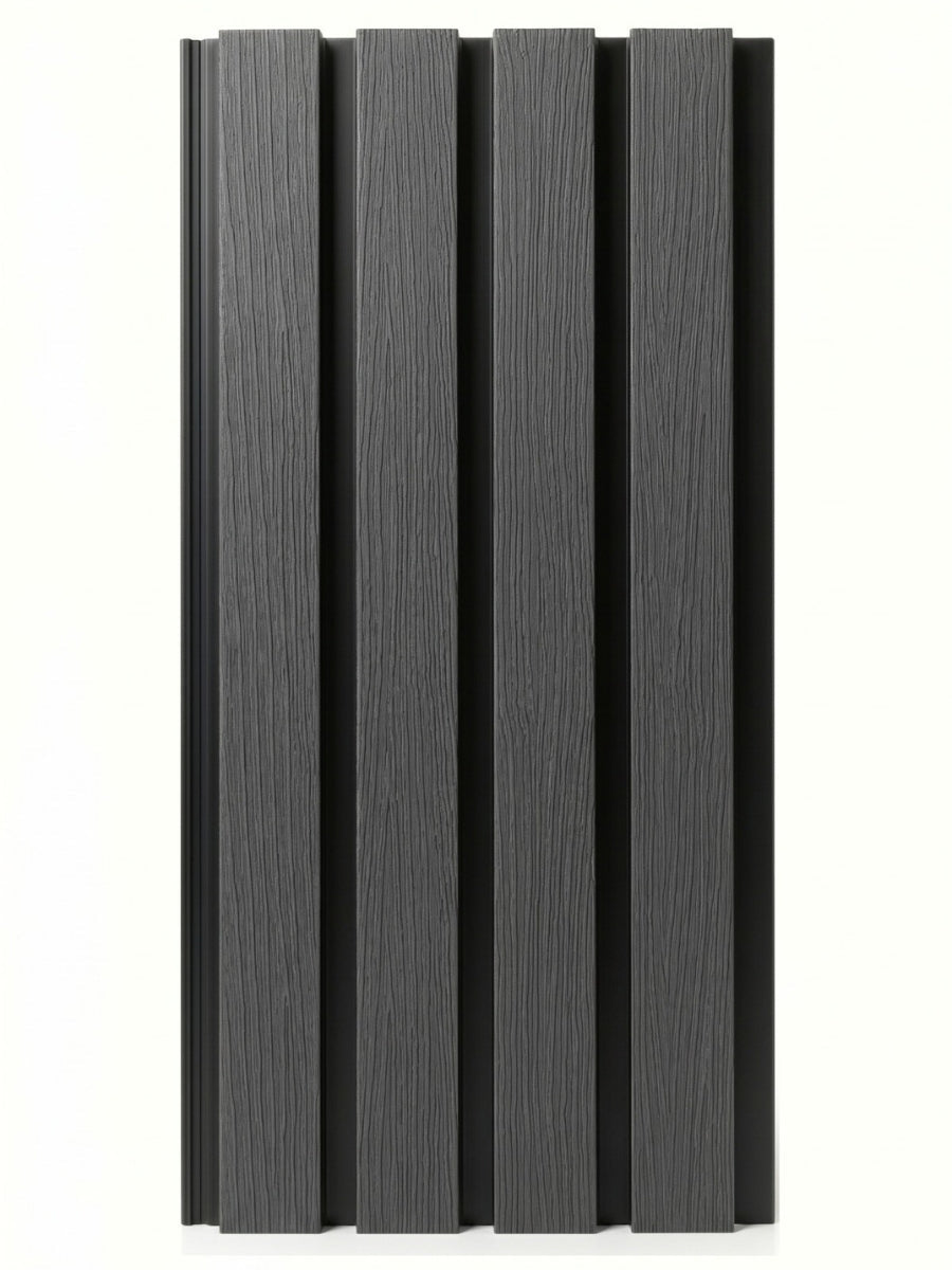 Gray and black composite wide exterior cladding panel with four vertical wood-grain slats