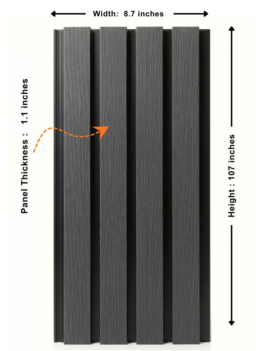 Gray and black composite wide exterior cladding panel showing 8.7-inch width, 107-inch height, and 1.1-inch thickness