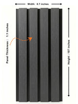 Gray and black composite wide exterior cladding panel showing 8.7-inch width, 107-inch height, and 1.1-inch thickness