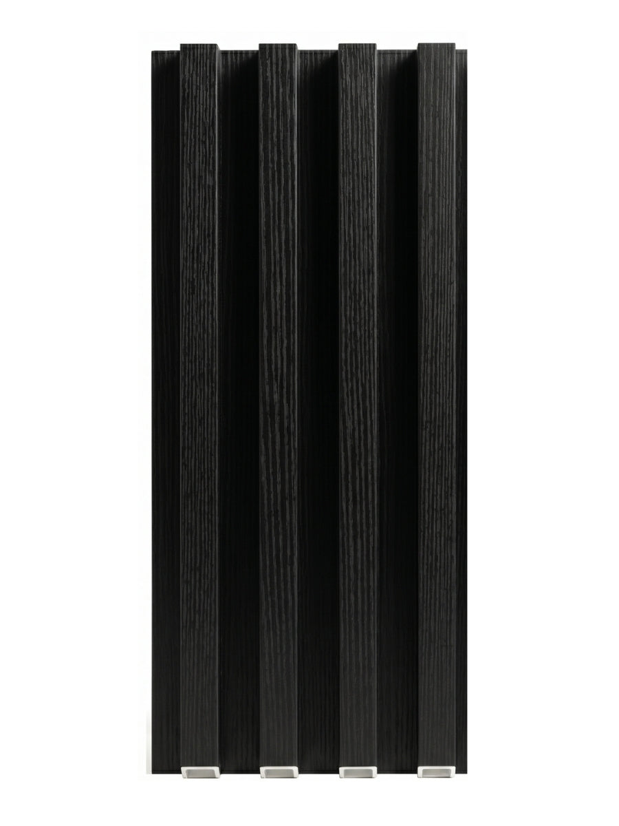 Black wood-grain WPC fluted wall panel sample shown in a full vertical front view