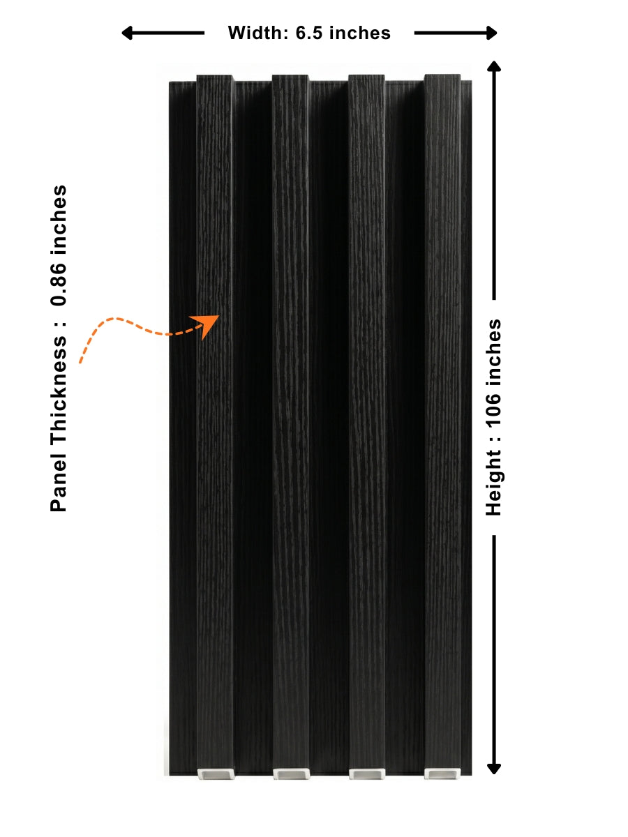 Blackwood WPC fluted wall panel dimensions: 6.5 inches wide, 106 inches high and 0.86 inch thick