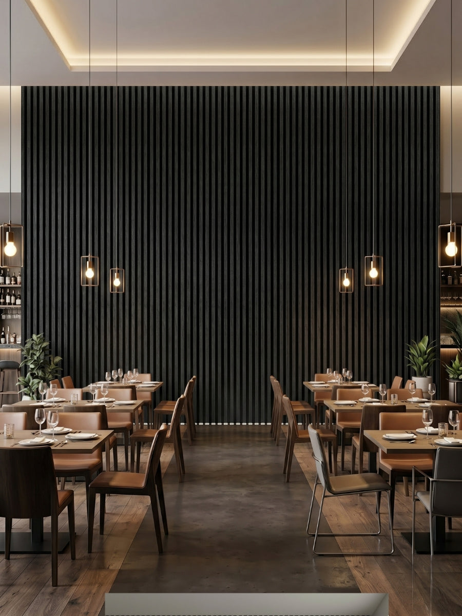 Blackwood WPC fluted panels covering a tall restaurant accent wall above dining tables