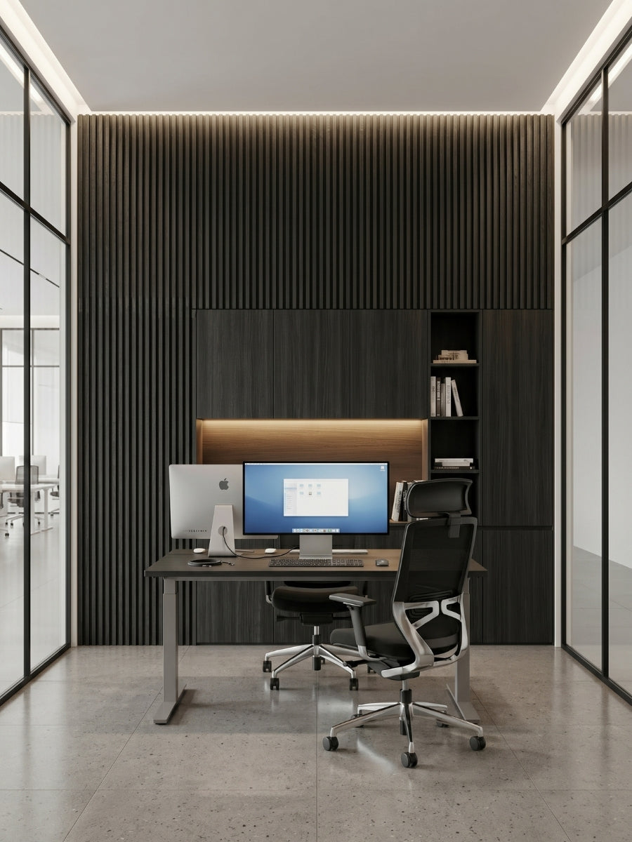 Blackwood WPC fluted accent wall in a glass-walled office with desks and chairs