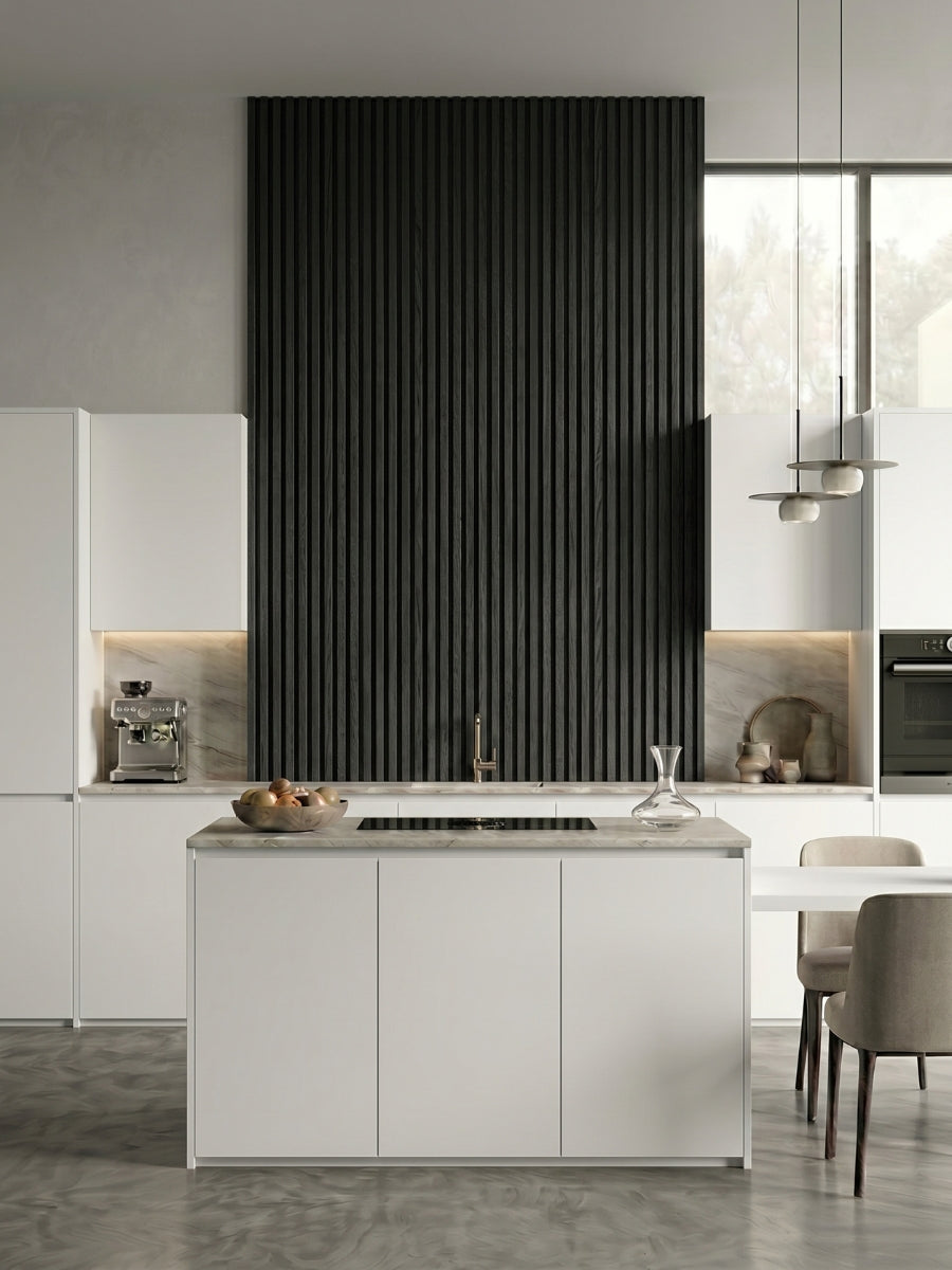 Blackwood WPC fluted 3D wall panels creating a dark accent wall in a white kitchen