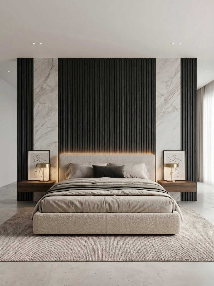 Blackwood WPC fluted panels installed behind a bed with marble-look wall accents