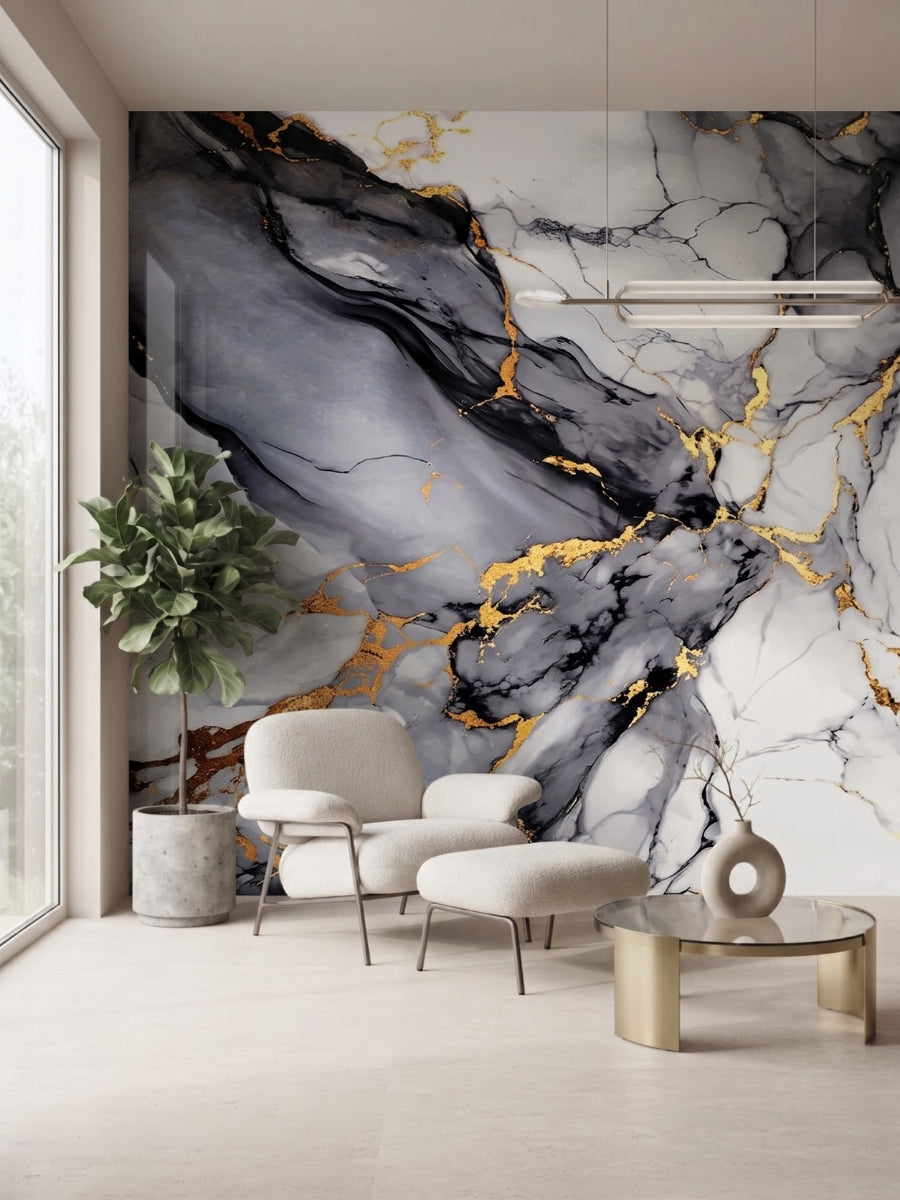 Blue Mist PVC marble sheets installed as a floor-to-ceiling accent wall in a modern sitting room