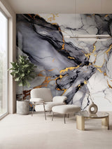 Blue Mist PVC marble sheets installed as a floor-to-ceiling accent wall in a modern sitting room