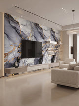 Modern living room TV wall clad in Blue Mist PVC marble sheets with dramatic gray and gold veining