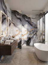 Blue Mist PVC marble sheets covering bathroom vanity and shower walls beside a freestanding tub