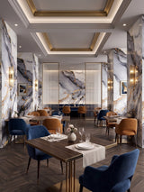 Restaurant dining room with Blue Mist PVC marble sheets accenting the walls and columns
