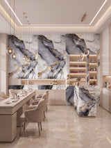 Blue Mist PVC marble sheets installed on a dining area feature wall, bar front, and counter