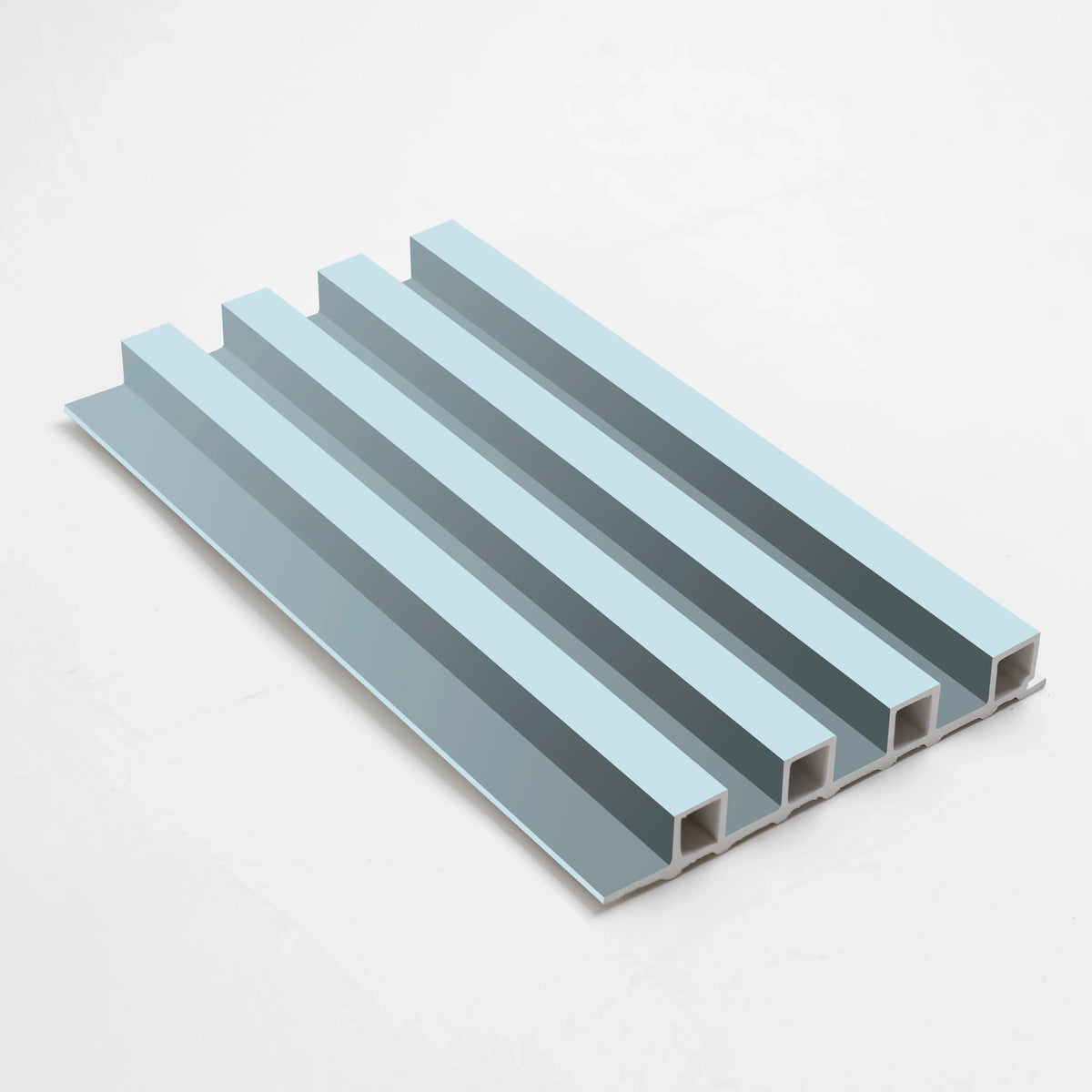 Blue WPC slat fluted wall panel sample shown at an angle with hollow profile ends