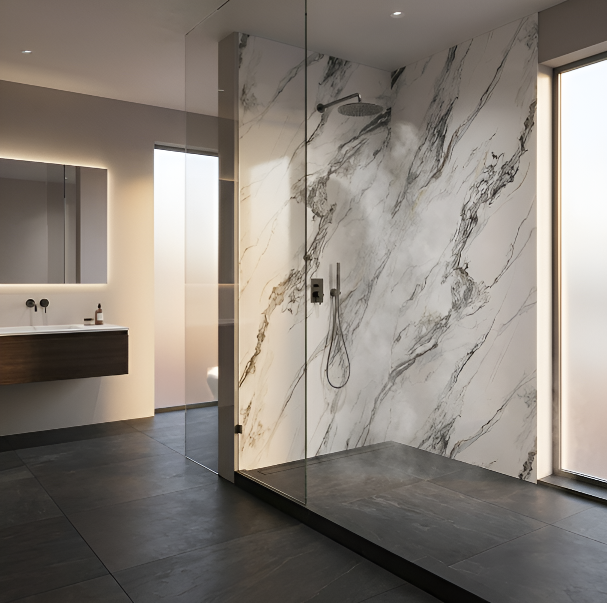 Walk-in shower with white PVC marble wall panels featuring bold gray veining