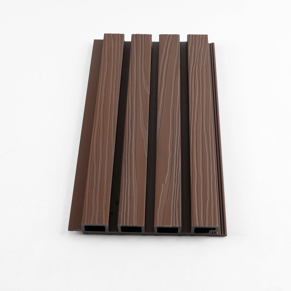 Front angled view of dark brown composite wide exterior cladding with four raised wood-grain slats