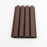 Front angled view of dark brown composite wide exterior cladding with four raised wood-grain slats