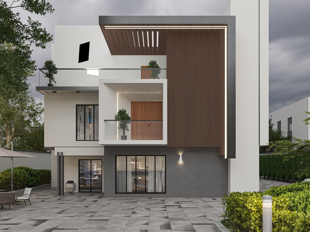 Contemporary white home with dark brown composite exterior cladding framing an upper balcony