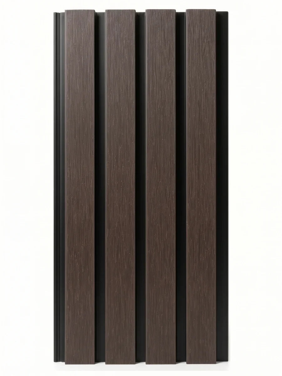 Dark brown Composite Cladding 8×8 Sample with wood-grain slats and black grooves