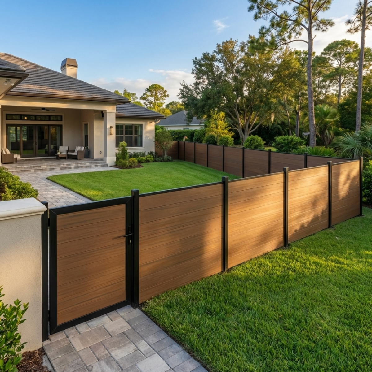Installed walnut composite fence with matching gate and black posts around a backyard lawn
