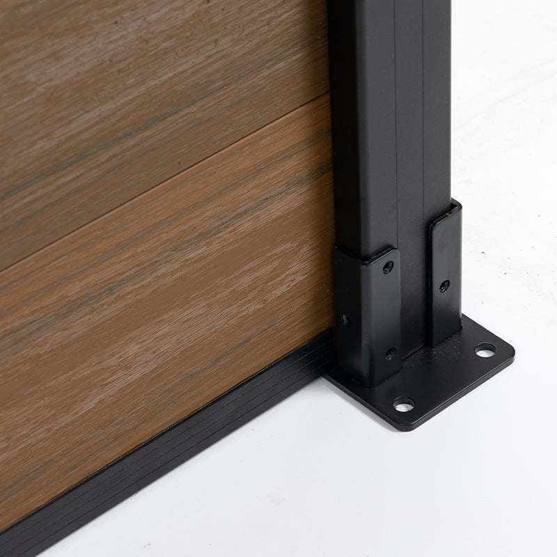 Walnut composite fence post base plate and lower rail connection detail