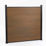 Angled front view of walnut composite fence panel with horizontal boards and black posts