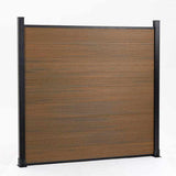 Walnut co-extruded composite privacy panel framed by black posts and rails