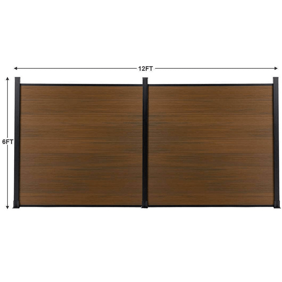 Two-panel walnut composite fence layout measuring 12 feet wide by 6 feet high