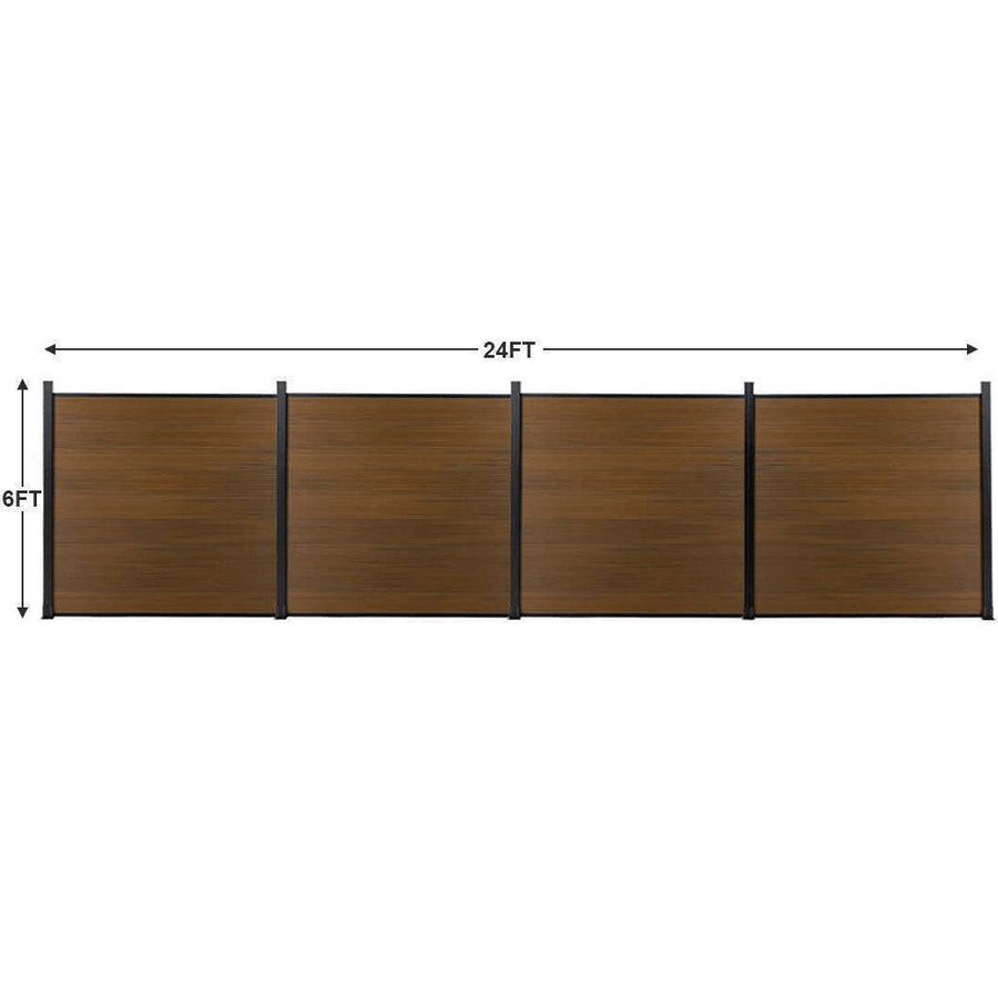 Four-panel walnut composite fence layout measuring 24 feet wide by 6 feet high