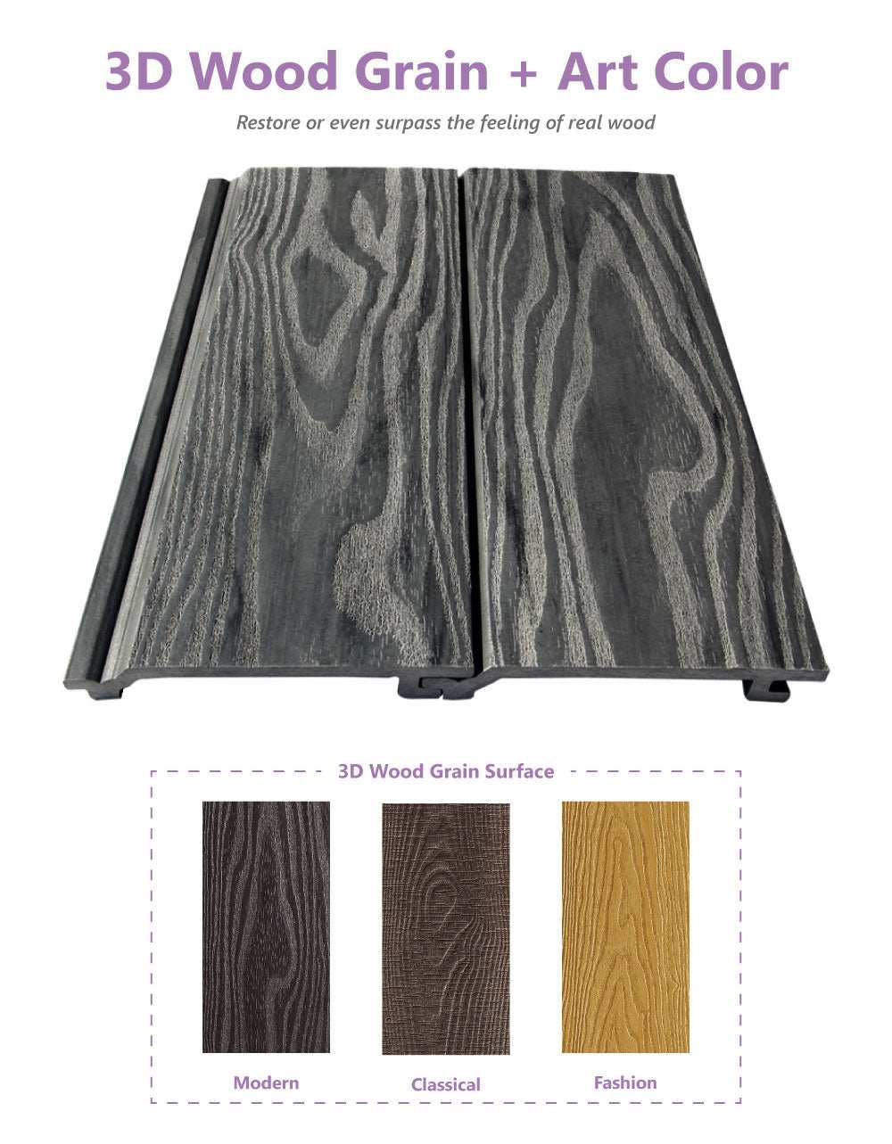 Dark gray 3D wood grain composite cladding panel with realistic texture