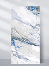 PVC marble sheet sample with bold blue and gray veining on white