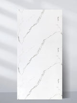 Calacatta Manhattan 4 x 8 ft PVC marble wall panel with a white surface and flowing gray veining