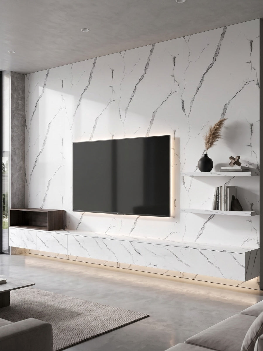 Modern TV feature wall finished with white Calacatta Manhattan PVC marble panels and dramatic gray veins