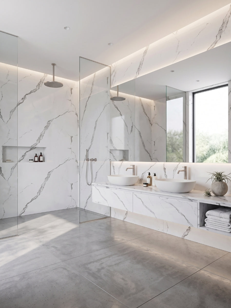 Waterproof Calacatta Manhattan PVC marble sheets lining a glass shower and double-vanity bathroom