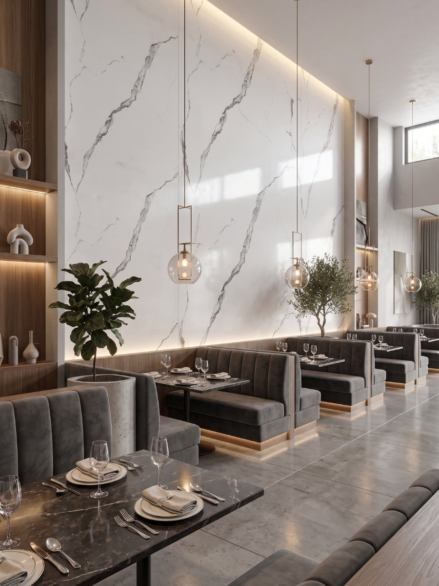 Tall Calacatta Manhattan PVC marble feature wall with bold gray veining in a modern restaurant dining area