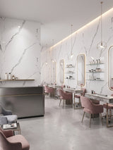 Calacatta Manhattan white PVC marble wall panels with gray veining in a modern beauty salon