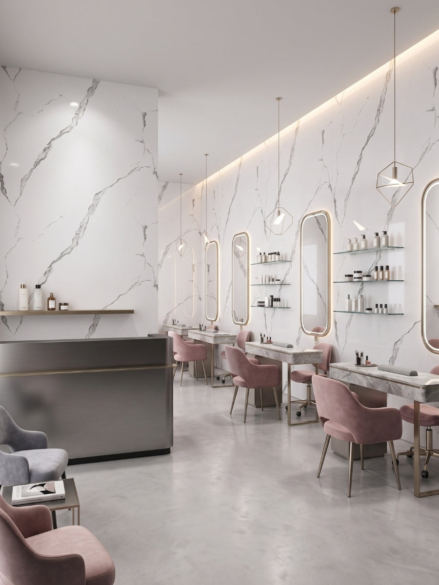 Calacatta Manhattan white PVC marble wall panels with gray veining in a modern beauty salon