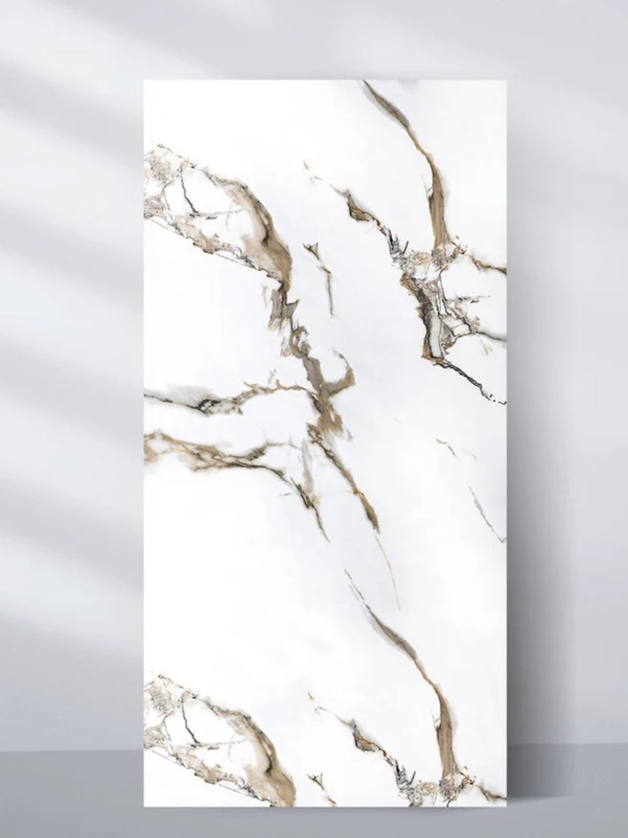 Full 4 x 8 ft Calacatta Oro Gold marble PVC wall panel with a white surface and bold gold and gray veining