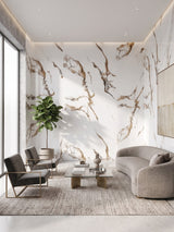 Calacatta Oro Gold marble-look PVC wall panels installed as a white and gold veined living room feature wall